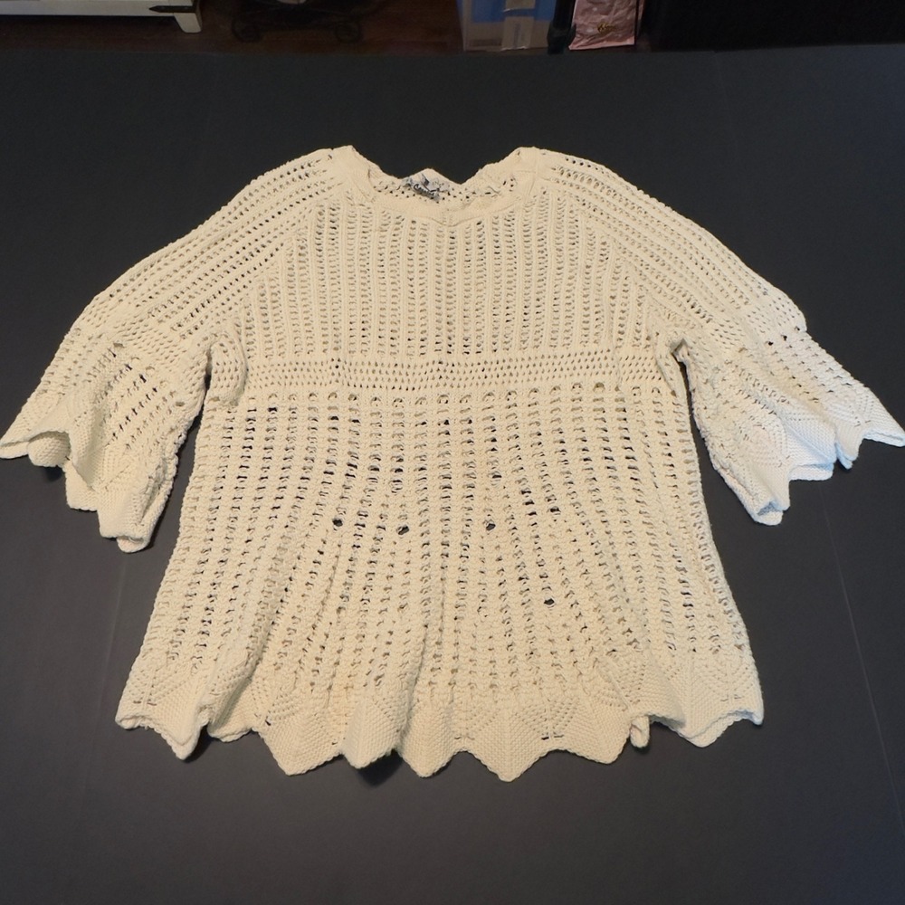 Requirements Crochet Sweater Cream Open Knit Vintage 90s XL Boho Bell Sleeve